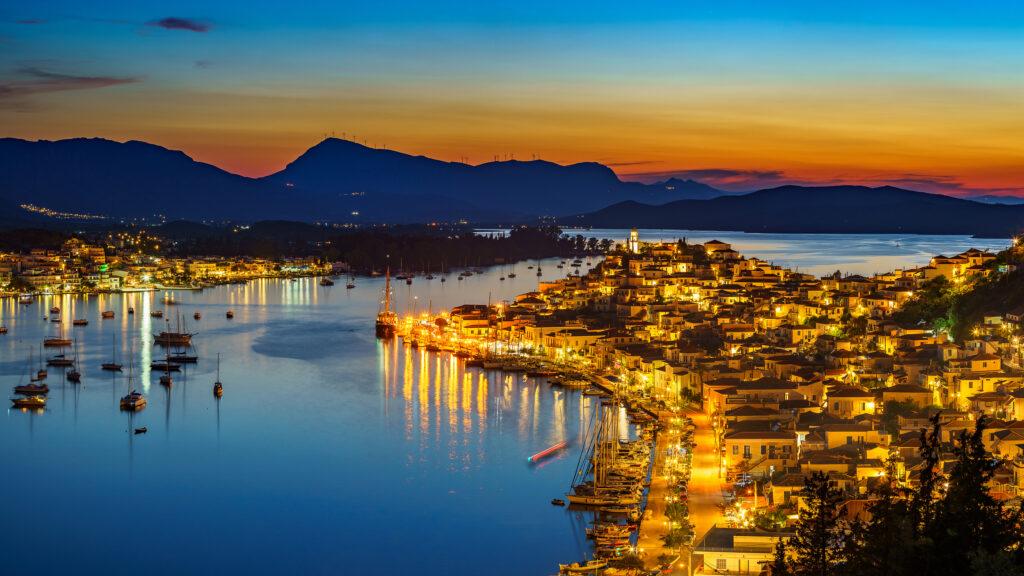 Poros island by night with Spiridakos Sailing Greek island cruises from Athens